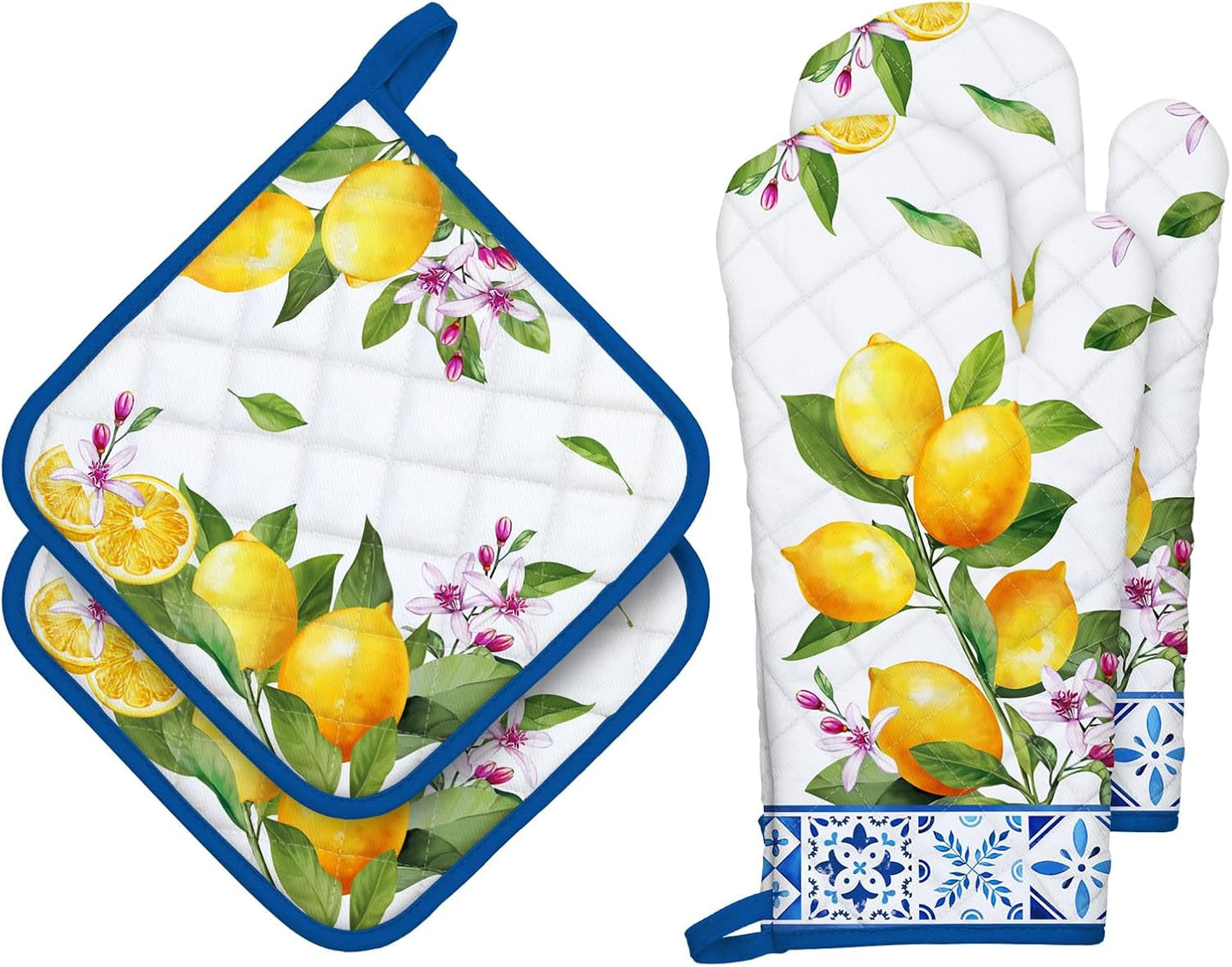 Summer Lemon Oven Mitts and Pot Holders Sets 4Pcs, 100% Cotton Heat Resistant, Extra Long Oven Gloves Potholder for Kitchen Cooking Baking Decoration, Housewarming Gifts for Mom