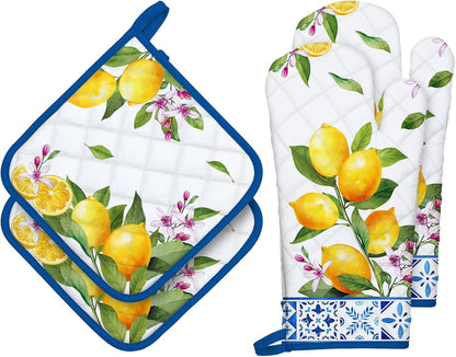 Summer Lemon Oven Mitts and Pot Holders Sets 4Pcs, 100% Cotton Heat Resistant, Extra Long Oven Gloves Potholder for Kitchen Cooking Baking Decoration, Housewarming Gifts for Mom
