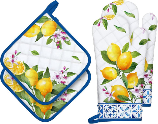 Summer Lemon Oven Mitts and Pot Holders Sets 4Pcs, 100% Cotton Heat Resistant, Extra Long Oven Gloves Potholder for Kitchen Cooking Baking Decoration, Housewarming Gifts for Mom
