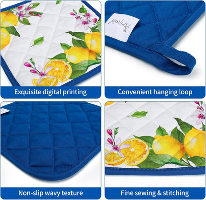 Summer Lemon Oven Mitts and Pot Holders Sets 4Pcs, 100% Cotton Heat Resistant, Extra Long Oven Gloves Potholder for Kitchen Cooking Baking Decoration, Housewarming Gifts for Mom