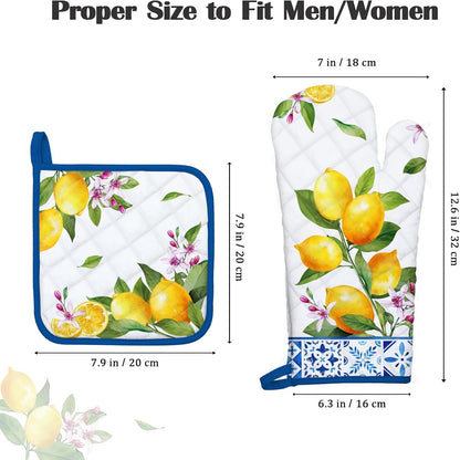 Summer Lemon Oven Mitts and Pot Holders Sets 4Pcs, 100% Cotton Heat Resistant, Extra Long Oven Gloves Potholder for Kitchen Cooking Baking Decoration, Housewarming Gifts for Mom