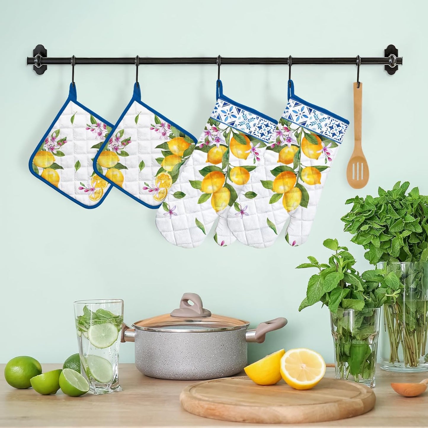 Summer Lemon Oven Mitts and Pot Holders Sets 4Pcs, 100% Cotton Heat Resistant, Extra Long Oven Gloves Potholder for Kitchen Cooking Baking Decoration, Housewarming Gifts for Mom
