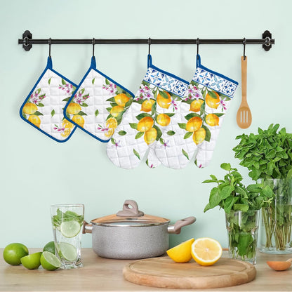 Summer Lemon Oven Mitts and Pot Holders Sets 4Pcs, 100% Cotton Heat Resistant, Extra Long Oven Gloves Potholder for Kitchen Cooking Baking Decoration, Housewarming Gifts for Mom