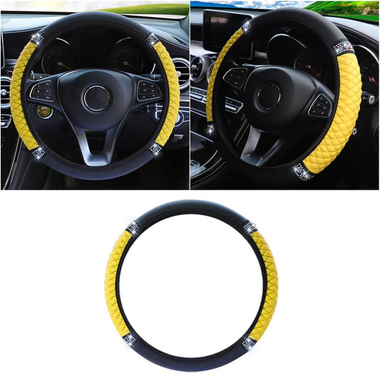 15 Inch Bling Soft Leather Car Steering Wheel Cover, Yellow | Colorful Rhinestones Design, Auto Elastic Protector for Women Girls, Crystal Diamond Car Accessories for Most Cars, SUVs