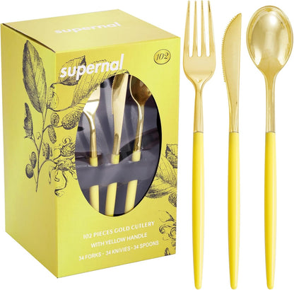 102Pcs Gold Plastic Silverware, Gold Disposable Utensils with Yellow Handle, Yellow Plastic Silverware Heavy Duty Include 34 Forks, 34 Knives and 34 Spoons Perfect for Party, Mother's Day