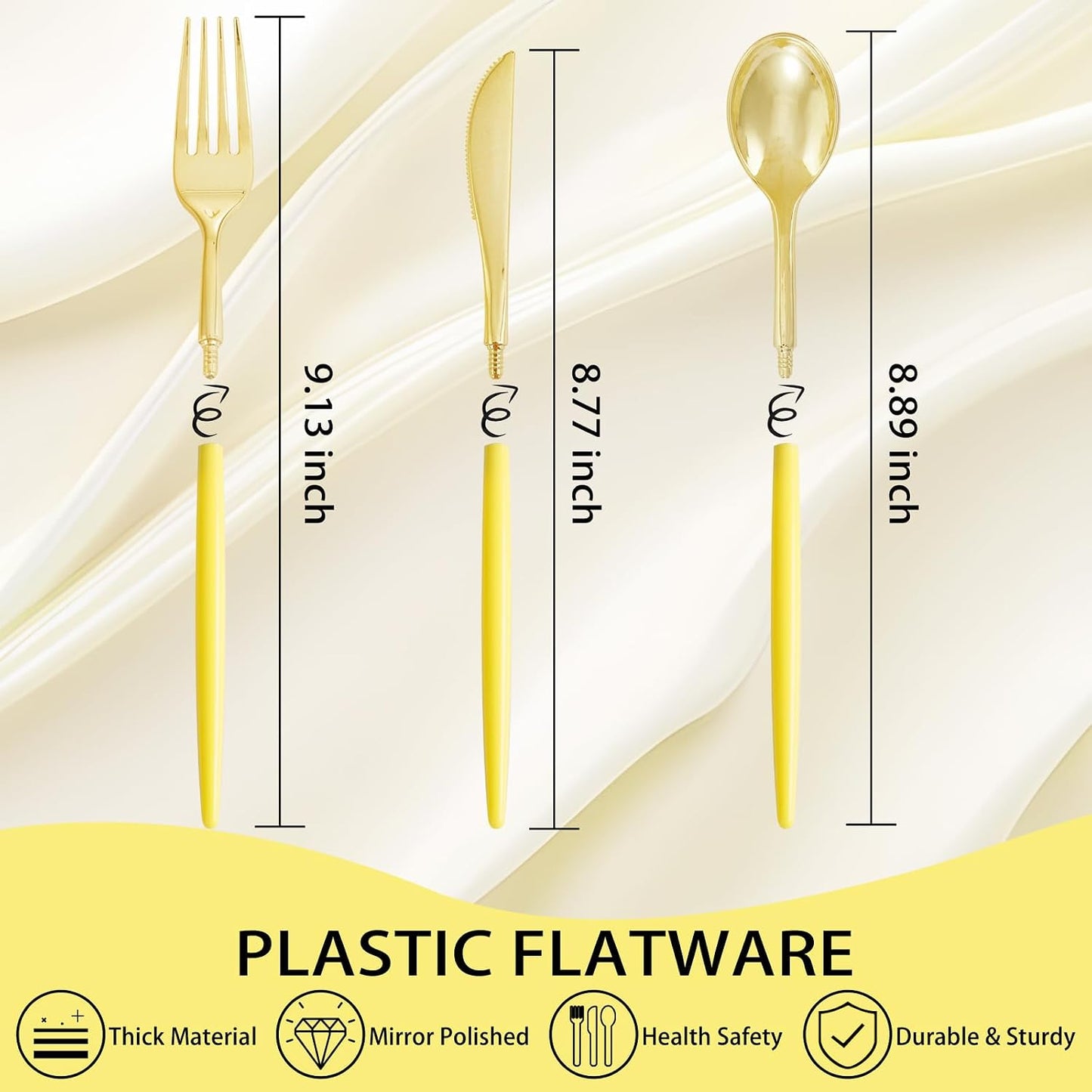 102Pcs Gold Plastic Silverware, Gold Disposable Utensils with Yellow Handle, Yellow Plastic Silverware Heavy Duty Include 34 Forks, 34 Knives and 34 Spoons Perfect for Party, Mother's Day