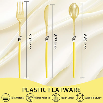 102Pcs Gold Plastic Silverware, Gold Disposable Utensils with Yellow Handle, Yellow Plastic Silverware Heavy Duty Include 34 Forks, 34 Knives and 34 Spoons Perfect for Party, Mother's Day