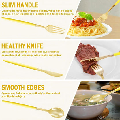 102Pcs Gold Plastic Silverware, Gold Disposable Utensils with Yellow Handle, Yellow Plastic Silverware Heavy Duty Include 34 Forks, 34 Knives and 34 Spoons Perfect for Party, Mother's Day