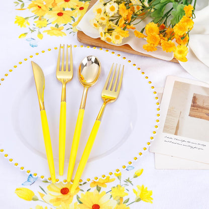 102Pcs Gold Plastic Silverware, Gold Disposable Utensils with Yellow Handle, Yellow Plastic Silverware Heavy Duty Include 34 Forks, 34 Knives and 34 Spoons Perfect for Party, Mother's Day