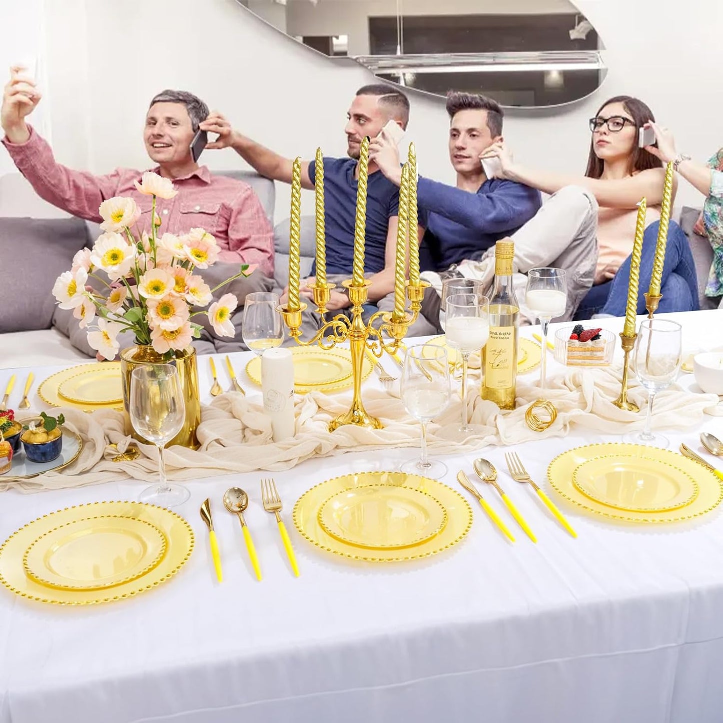 102Pcs Gold Plastic Silverware, Gold Disposable Utensils with Yellow Handle, Yellow Plastic Silverware Heavy Duty Include 34 Forks, 34 Knives and 34 Spoons Perfect for Party, Mother's Day