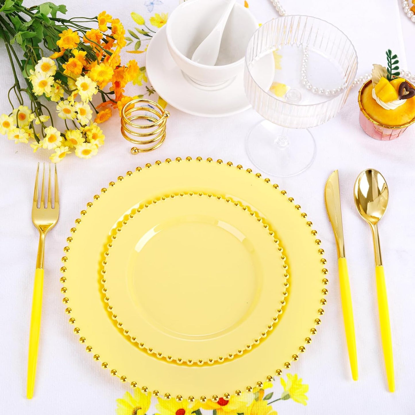 102Pcs Gold Plastic Silverware, Gold Disposable Utensils with Yellow Handle, Yellow Plastic Silverware Heavy Duty Include 34 Forks, 34 Knives and 34 Spoons Perfect for Party, Mother's Day