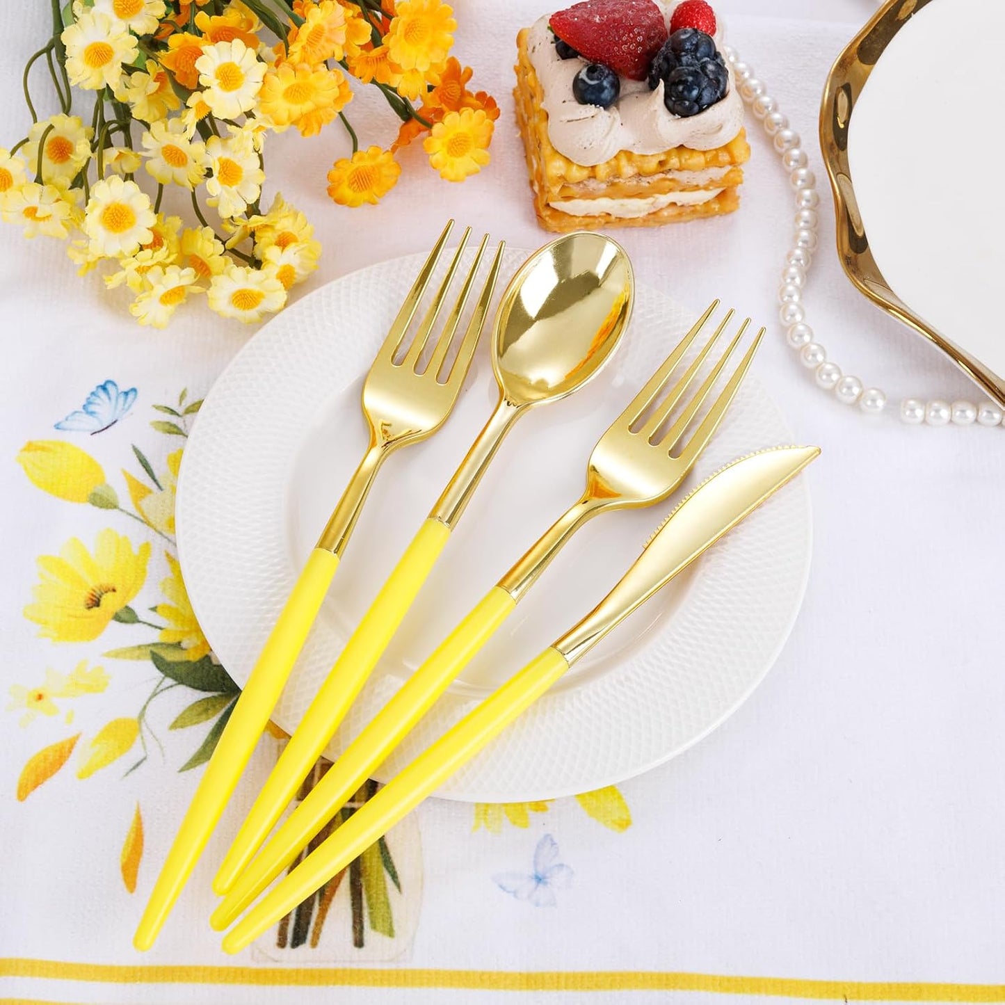 102Pcs Gold Plastic Silverware, Gold Disposable Utensils with Yellow Handle, Yellow Plastic Silverware Heavy Duty Include 34 Forks, 34 Knives and 34 Spoons Perfect for Party, Mother's Day