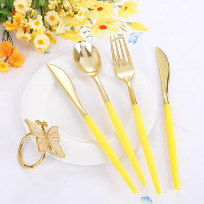 102Pcs Gold Plastic Silverware, Gold Disposable Utensils with Yellow Handle, Yellow Plastic Silverware Heavy Duty Include 34 Forks, 34 Knives and 34 Spoons Perfect for Party, Mother's Day