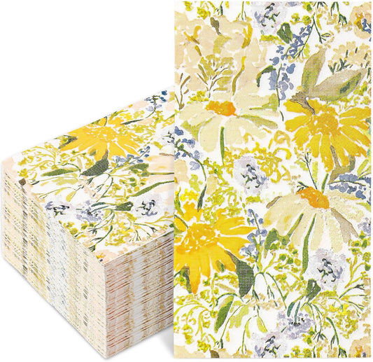 100 Pcs Spring Floral Guest Napkins Disposable Watercolor Yellow Daisy Paper Napkins Wildflower Dinner Paper Hand Towel Napkin for Summer Table Party Supplies