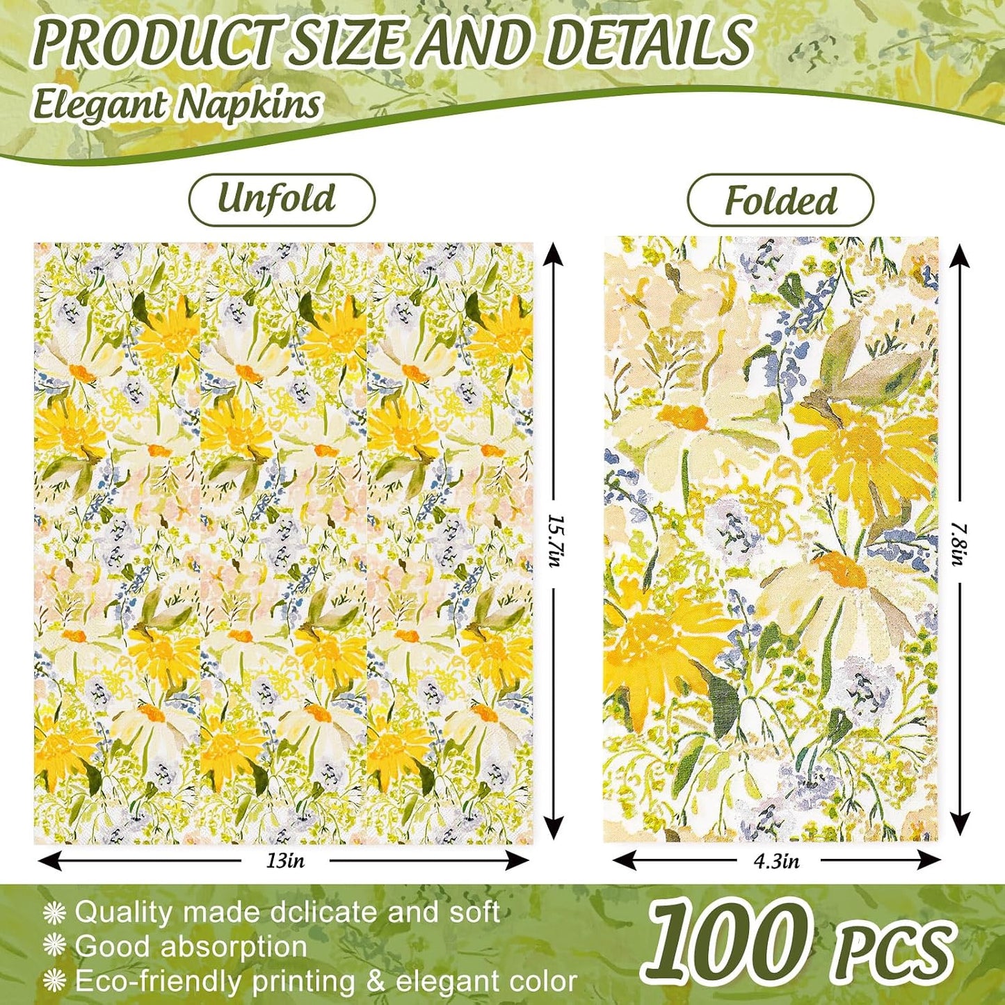 100 Pcs Spring Floral Guest Napkins Disposable Watercolor Yellow Daisy Paper Napkins Wildflower Dinner Paper Hand Towel Napkin for Summer Table Party Supplies