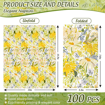 100 Pcs Spring Floral Guest Napkins Disposable Watercolor Yellow Daisy Paper Napkins Wildflower Dinner Paper Hand Towel Napkin for Summer Table Party Supplies