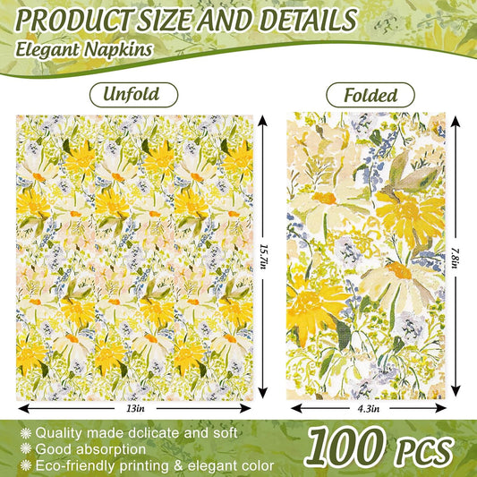 100 Pcs Spring Floral Guest Napkins Disposable Watercolor Yellow Daisy Paper Napkins Wildflower Dinner Paper Hand Towel Napkin for Summer Table Party Supplies