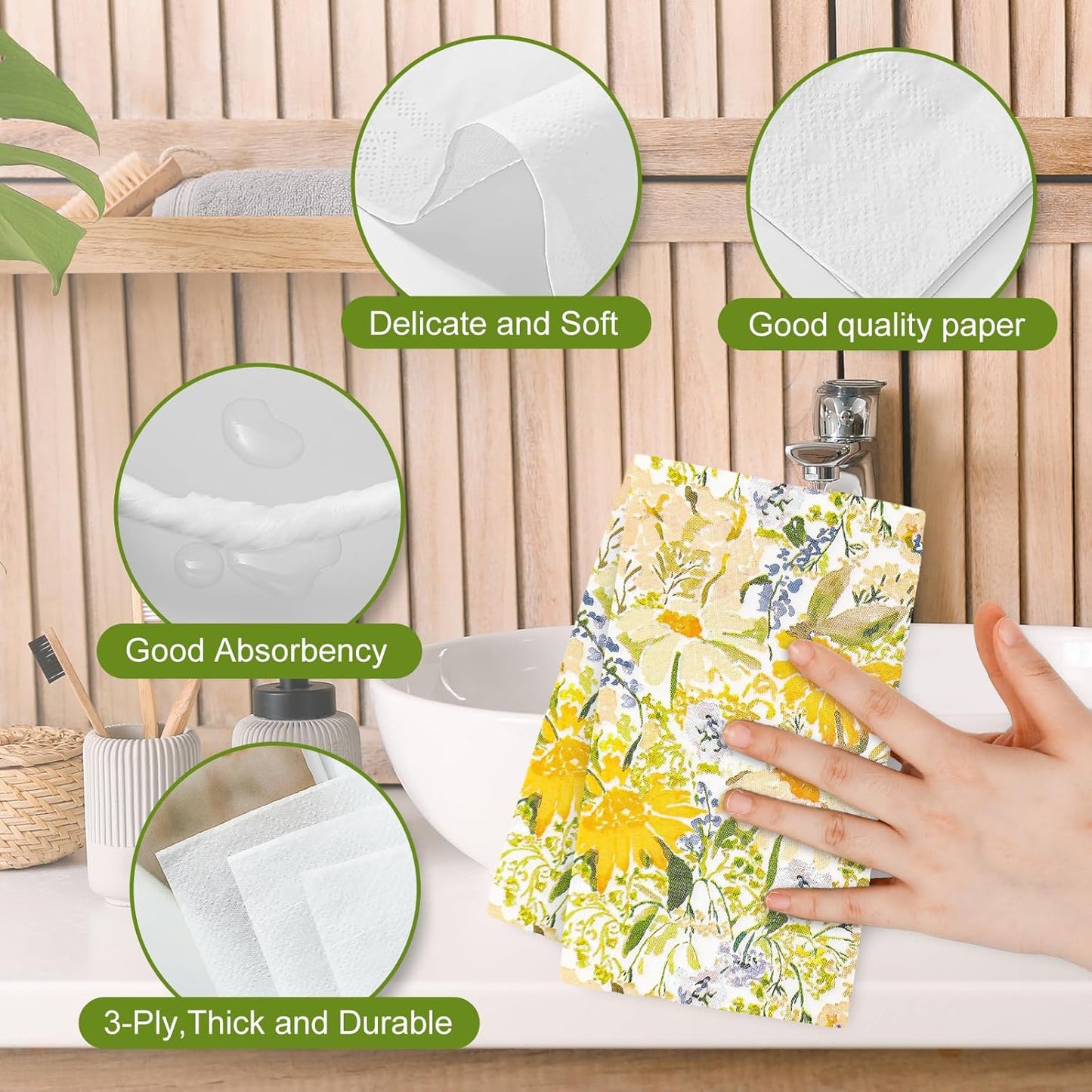 100 Pcs Spring Floral Guest Napkins Disposable Watercolor Yellow Daisy Paper Napkins Wildflower Dinner Paper Hand Towel Napkin for Summer Table Party Supplies