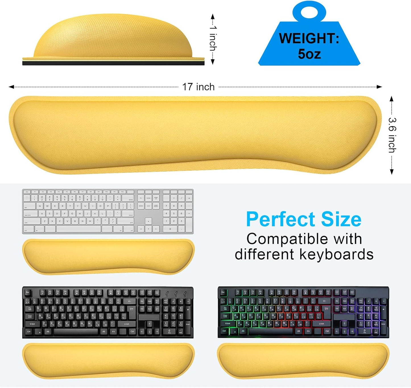 Enlarge Keyboard Wrist Rest, Cute Memory Foam Keyboard Wrist Cushion for Computer Desk Mats Support, Typing Pain Relief Ergonomic Mouse Pad Rests with Non-Slip Base for Gaming, Laptop, Yellow