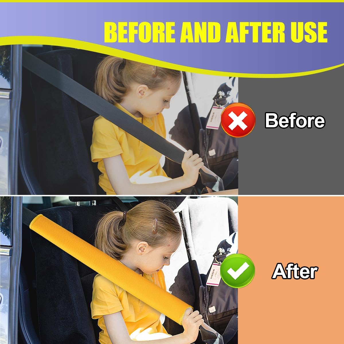 Car Seat Belt Pads Cover, Soft Comfort Shoulder Neck Cushion Protector, Automotive Seat Strap Pads, Universal Vehicle Interior Accessories for Women, Men (Yellow)