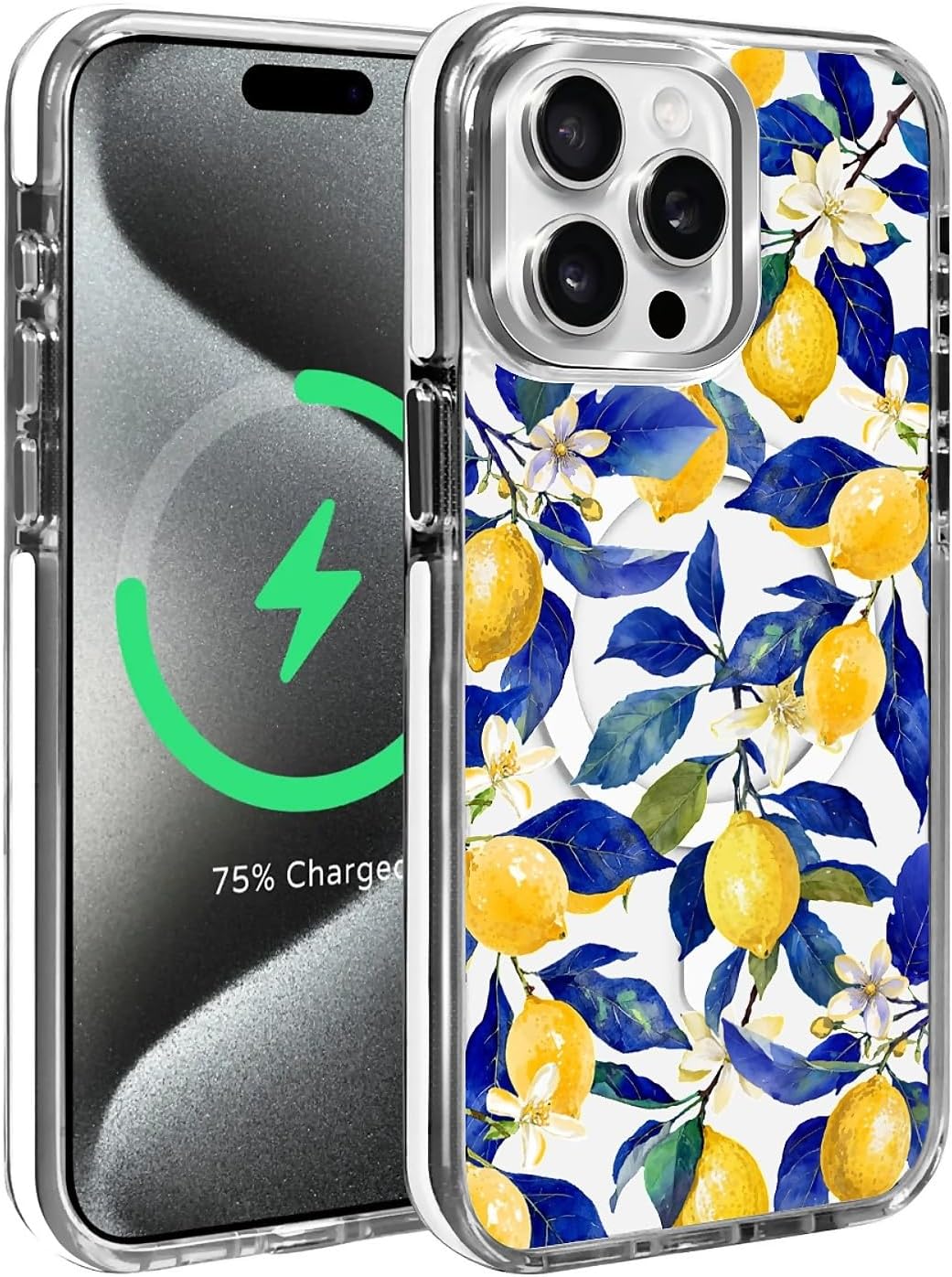 Magnetic for iPhone 15 Pro Case, Compatible with MagSafe, Wireless Slim Clear Aesthetic Shockproof Protective Cover for Women Girl - Watercolor Lemon