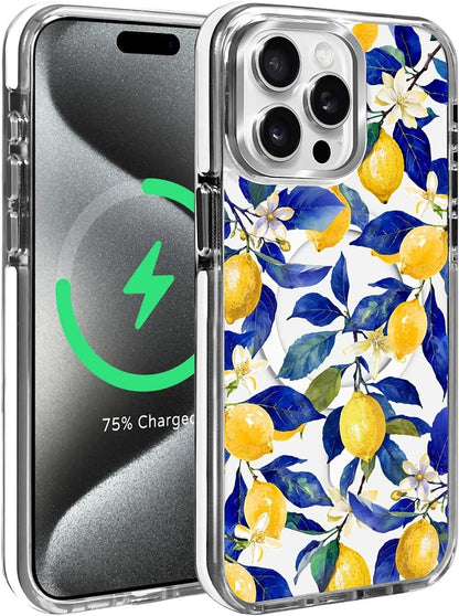 Magnetic for iPhone 15 Pro Case, Compatible with MagSafe, Wireless Slim Clear Aesthetic Shockproof Protective Cover for Women Girl - Watercolor Lemon
