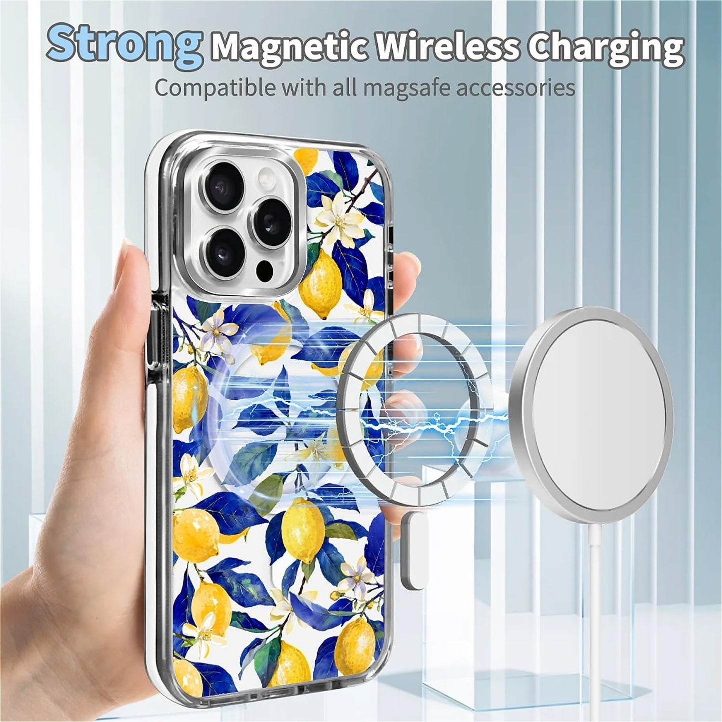 Magnetic for iPhone 15 Pro Case, Compatible with MagSafe, Wireless Slim Clear Aesthetic Shockproof Protective Cover for Women Girl - Watercolor Lemon