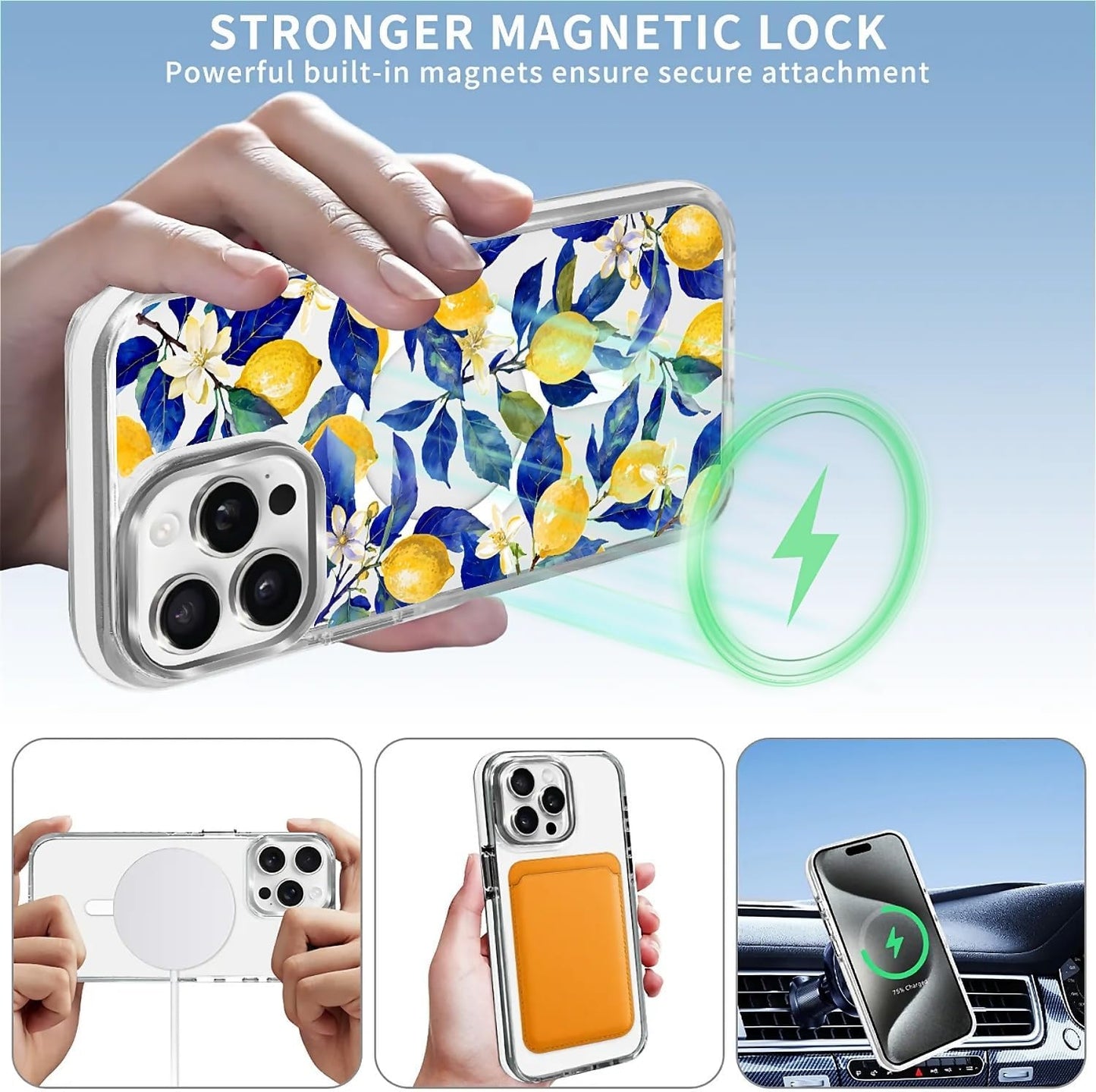 Magnetic for iPhone 15 Pro Case, Compatible with MagSafe, Wireless Slim Clear Aesthetic Shockproof Protective Cover for Women Girl - Watercolor Lemon