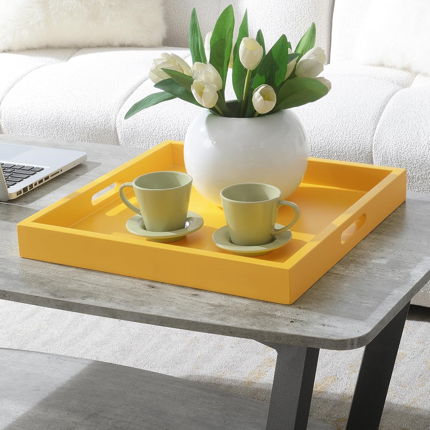 Palm Beach Serving Tray 16.75" - Kitchen & Living Room Square Wood Decorative Tray, Ottoman Accent Tray, Coffee Table Tray, Counter Organization & Storage, Mustard Yellow