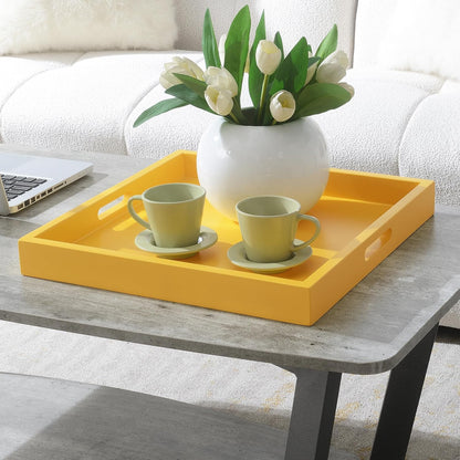 Palm Beach Serving Tray 16.75" - Kitchen & Living Room Square Wood Decorative Tray, Ottoman Accent Tray, Coffee Table Tray, Counter Organization & Storage, Mustard Yellow
