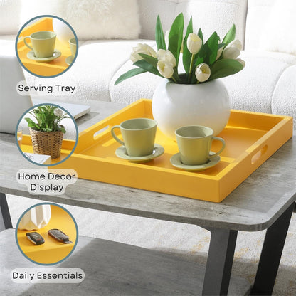 Palm Beach Serving Tray 16.75" - Kitchen & Living Room Square Wood Decorative Tray, Ottoman Accent Tray, Coffee Table Tray, Counter Organization & Storage, Mustard Yellow