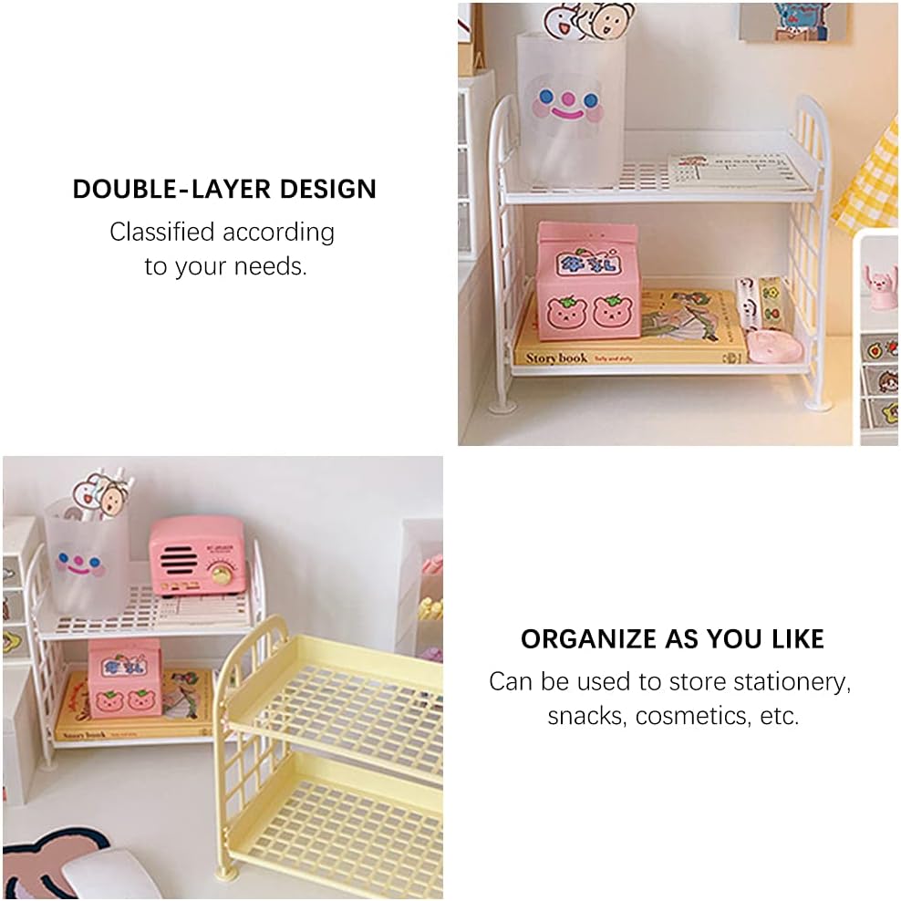 Desktop Rack Cosmetic Stationery Storage Holder, 2-Tier Multifunctional Plastic Shelf Makeup Organizer for Skincare Office Kitchen Bedroom Bathroom Home (Lemon Yellow)