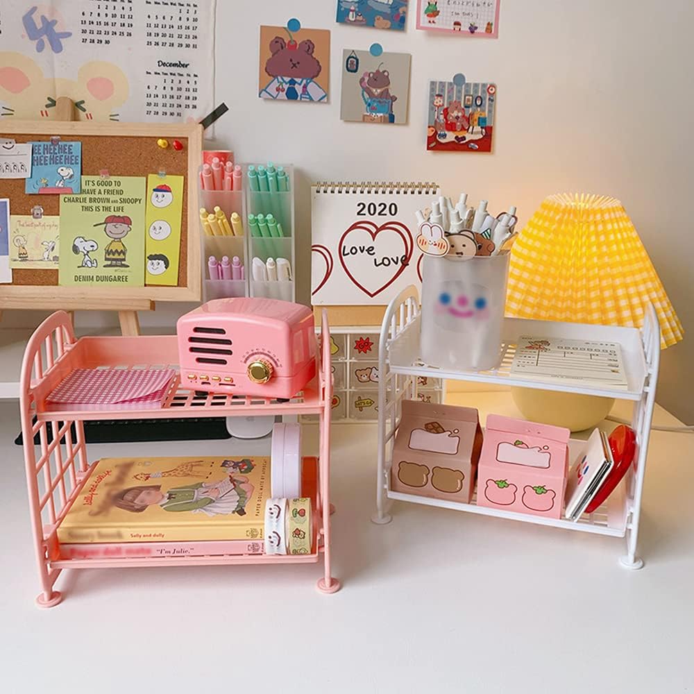 Desktop Rack Cosmetic Stationery Storage Holder, 2-Tier Multifunctional Plastic Shelf Makeup Organizer for Skincare Office Kitchen Bedroom Bathroom Home (Lemon Yellow)