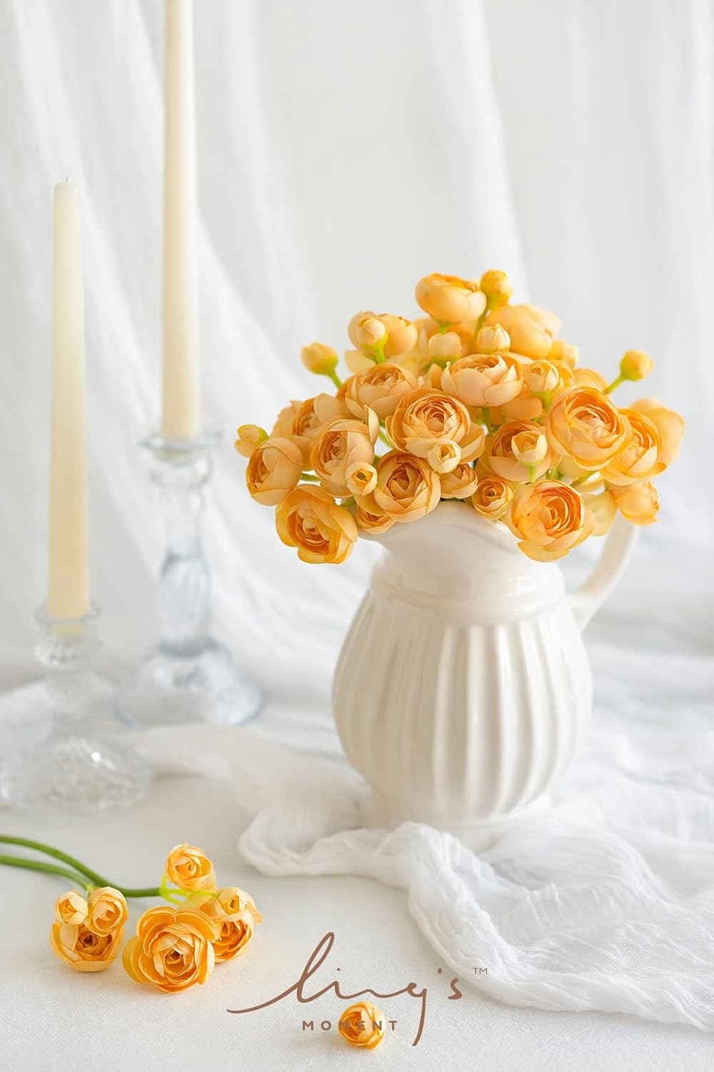 Fake Flowers Artificial Flower Faux Silk Ranunculus Yellow | Silk Flower, Realistic Artificial Flowers, Flowers for Vase, Real Touch Flowers, Table Centerpieces, Faux Floral Stems, 18pcs