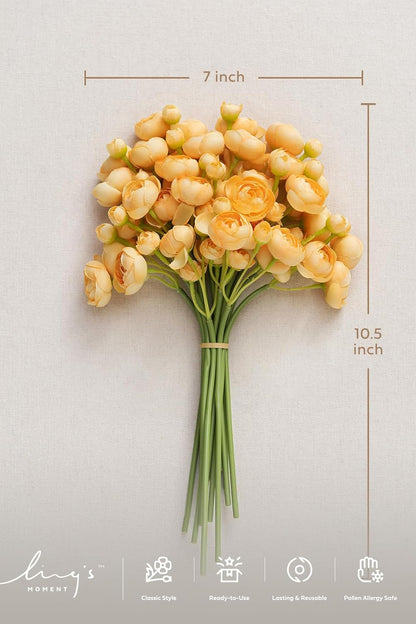 Fake Flowers Artificial Flower Faux Silk Ranunculus Yellow | Silk Flower, Realistic Artificial Flowers, Flowers for Vase, Real Touch Flowers, Table Centerpieces, Faux Floral Stems, 18pcs