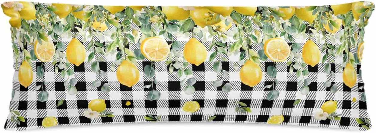 Farmhouse Satin Pillowcase for Hair and Skin King Yellow Lemon Eucalyptus Leaf Watercolor Plant Black Plaid Pillow Cases 2 Pack with Zipper, Soft Cooling Similar to Silk Pillow Covers, 20x54 Inch