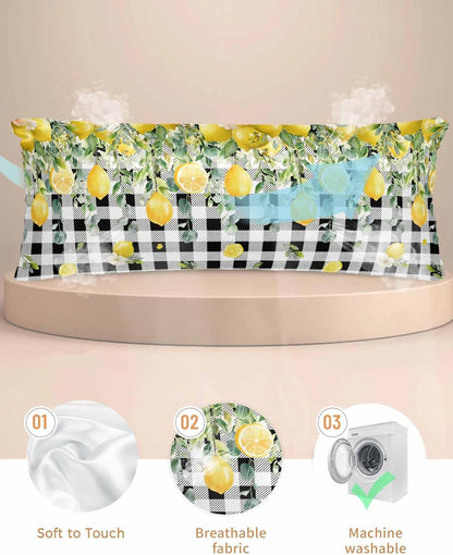 Farmhouse Satin Pillowcase for Hair and Skin King Yellow Lemon Eucalyptus Leaf Watercolor Plant Black Plaid Pillow Cases 2 Pack with Zipper, Soft Cooling Similar to Silk Pillow Covers, 20x54 Inch