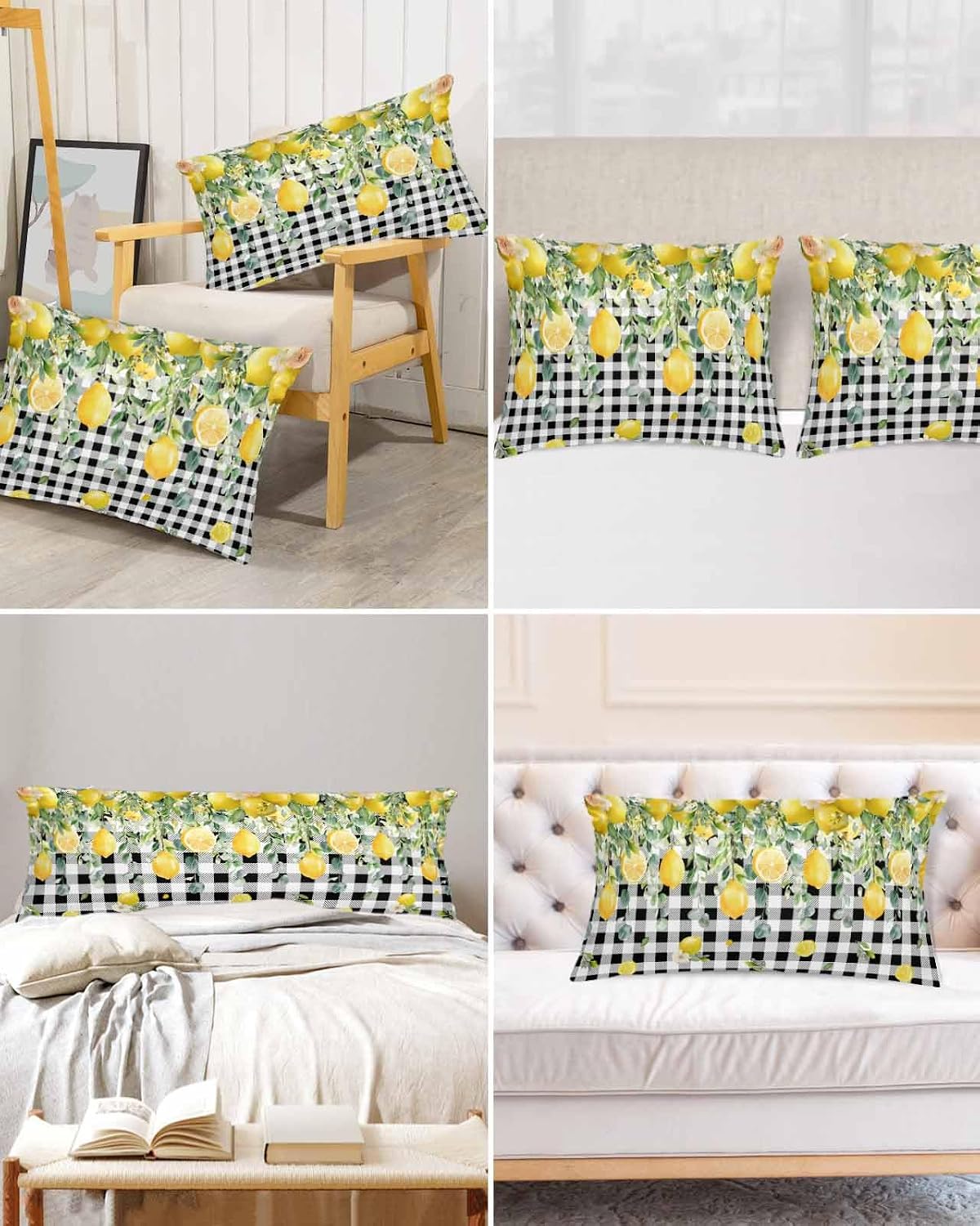 Farmhouse Satin Pillowcase for Hair and Skin King Yellow Lemon Eucalyptus Leaf Watercolor Plant Black Plaid Pillow Cases 2 Pack with Zipper, Soft Cooling Similar to Silk Pillow Covers, 20x54 Inch