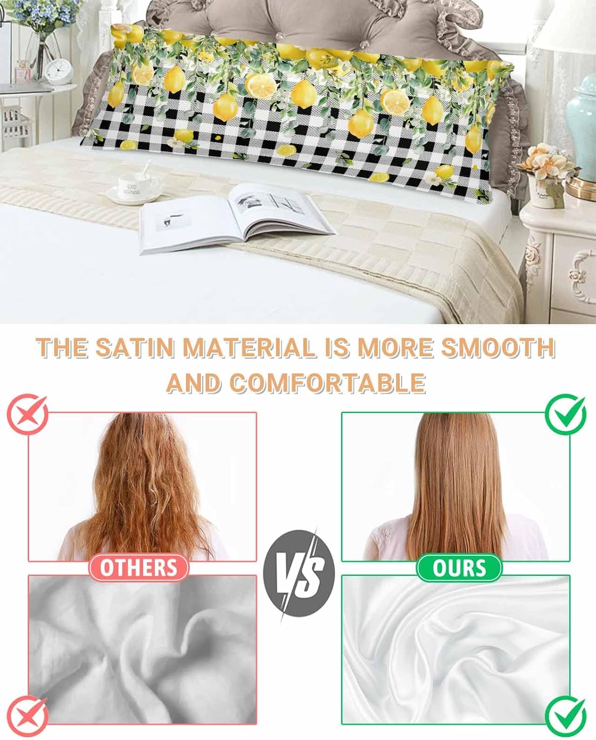 Farmhouse Satin Pillowcase for Hair and Skin King Yellow Lemon Eucalyptus Leaf Watercolor Plant Black Plaid Pillow Cases 2 Pack with Zipper, Soft Cooling Similar to Silk Pillow Covers, 20x54 Inch