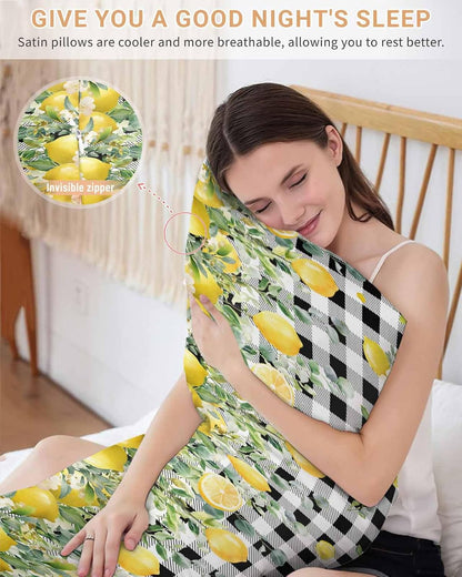 Farmhouse Satin Pillowcase for Hair and Skin King Yellow Lemon Eucalyptus Leaf Watercolor Plant Black Plaid Pillow Cases 2 Pack with Zipper, Soft Cooling Similar to Silk Pillow Covers, 20x54 Inch