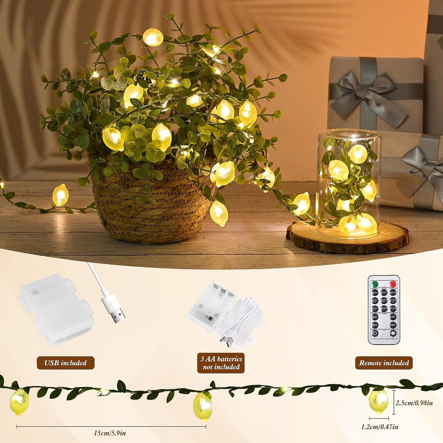 Lemon Decor String Lights, 10FT 40LEDs Lemon Decorative Fairy Lights, Battery Operated USB Plug in with Remote Timer for Bedroom Wedding Kitchen Garden Party Decorations