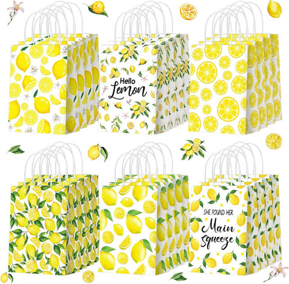 24 Pcs Lemon Gift Bags Small Yellow Lemon Party Favor Bags Summer Fruit Paper Goodie Bag with Handle Treat Candy Bag for Baby Shower Wedding Birthday Summer Party, 5.91 x 3.15 x 8.27 Inch