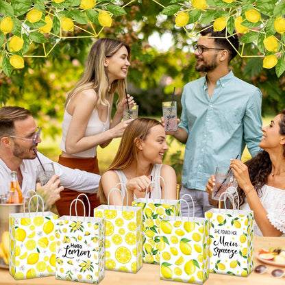 24 Pcs Lemon Gift Bags Small Yellow Lemon Party Favor Bags Summer Fruit Paper Goodie Bag with Handle Treat Candy Bag for Baby Shower Wedding Birthday Summer Party, 5.91 x 3.15 x 8.27 Inch