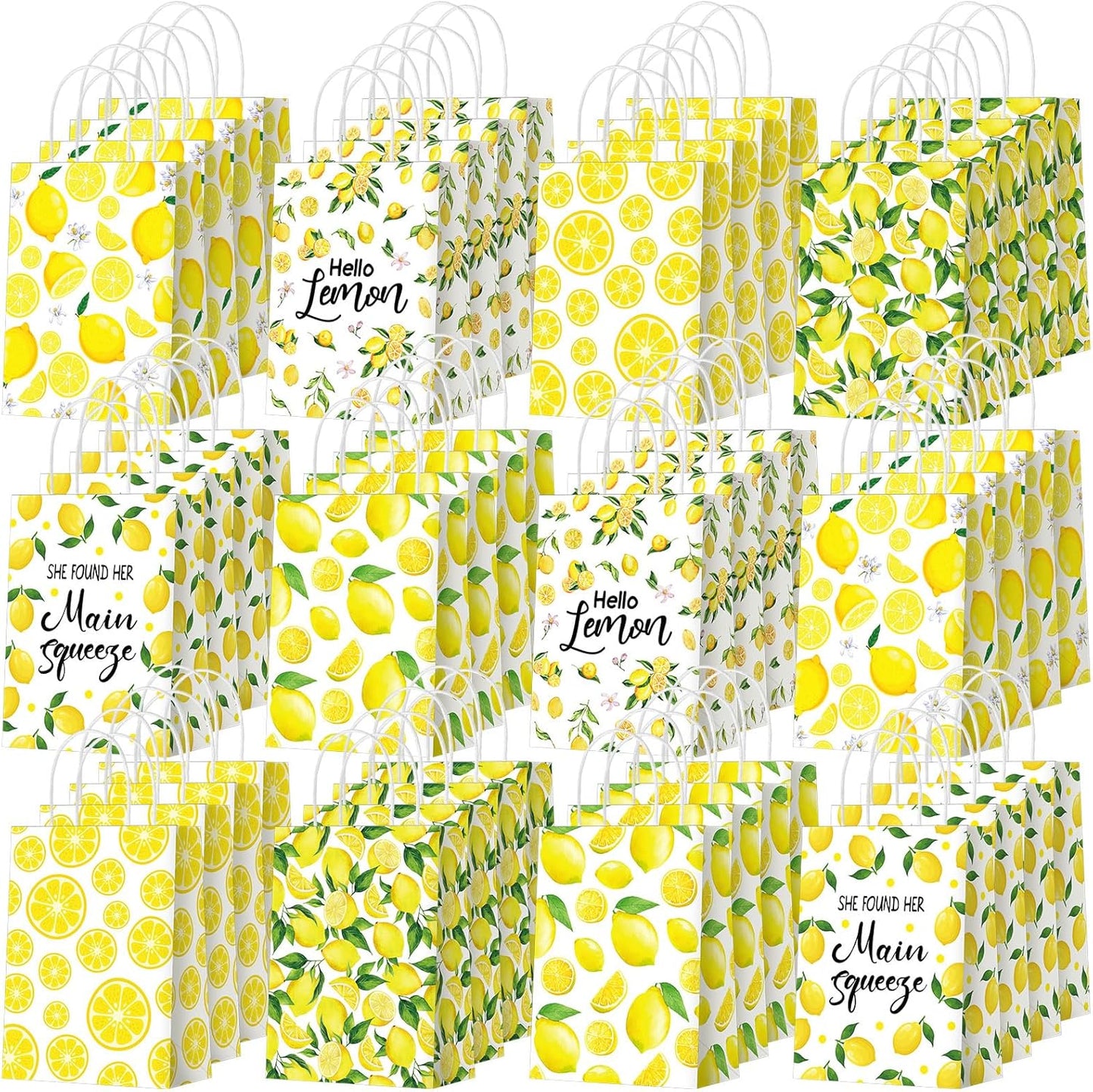 24 Pcs Lemon Gift Bags Small Yellow Lemon Party Favor Bags Summer Fruit Paper Goodie Bag with Handle Treat Candy Bag for Baby Shower Wedding Birthday Summer Party, 5.91 x 3.15 x 8.27 Inch