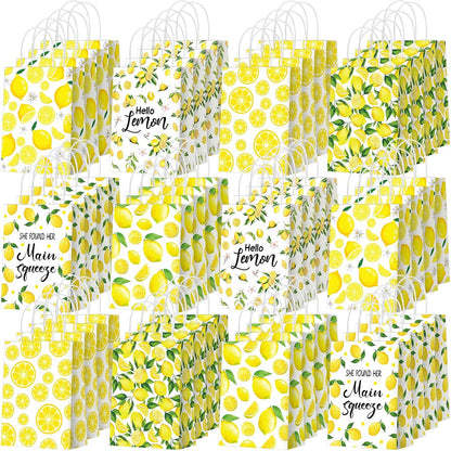 24 Pcs Lemon Gift Bags Small Yellow Lemon Party Favor Bags Summer Fruit Paper Goodie Bag with Handle Treat Candy Bag for Baby Shower Wedding Birthday Summer Party, 5.91 x 3.15 x 8.27 Inch