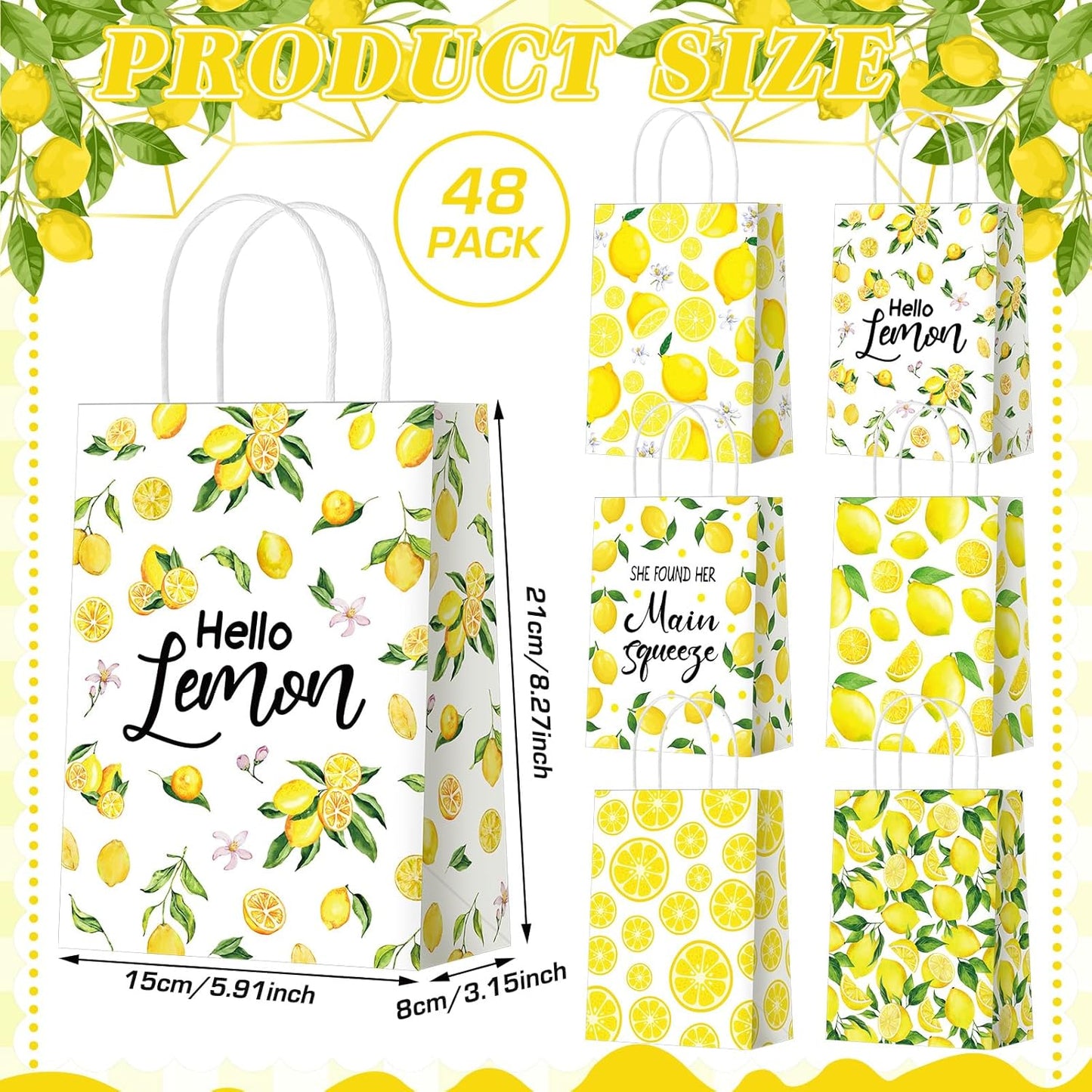 24 Pcs Lemon Gift Bags Small Yellow Lemon Party Favor Bags Summer Fruit Paper Goodie Bag with Handle Treat Candy Bag for Baby Shower Wedding Birthday Summer Party, 5.91 x 3.15 x 8.27 Inch