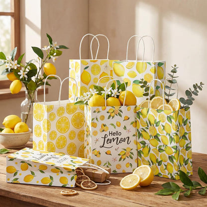 24 Pcs Lemon Gift Bags Small Yellow Lemon Party Favor Bags Summer Fruit Paper Goodie Bag with Handle Treat Candy Bag for Baby Shower Wedding Birthday Summer Party, 5.91 x 3.15 x 8.27 Inch