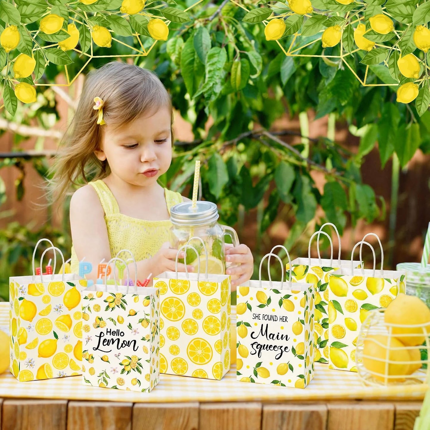 24 Pcs Lemon Gift Bags Small Yellow Lemon Party Favor Bags Summer Fruit Paper Goodie Bag with Handle Treat Candy Bag for Baby Shower Wedding Birthday Summer Party, 5.91 x 3.15 x 8.27 Inch