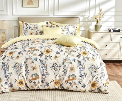 Luxury 600 Thread Count Cotton Sateen Queen Size Duvet Cover Set, Buttery Soft & Silky Breathable Bedding, Reversible Blue & Yellow Botanical Quilt Cover with Button Closure