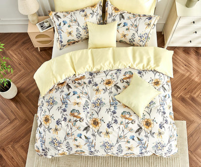 Luxury 600 Thread Count Cotton Sateen Queen Size Duvet Cover Set, Buttery Soft & Silky Breathable Bedding, Reversible Blue & Yellow Botanical Quilt Cover with Button Closure